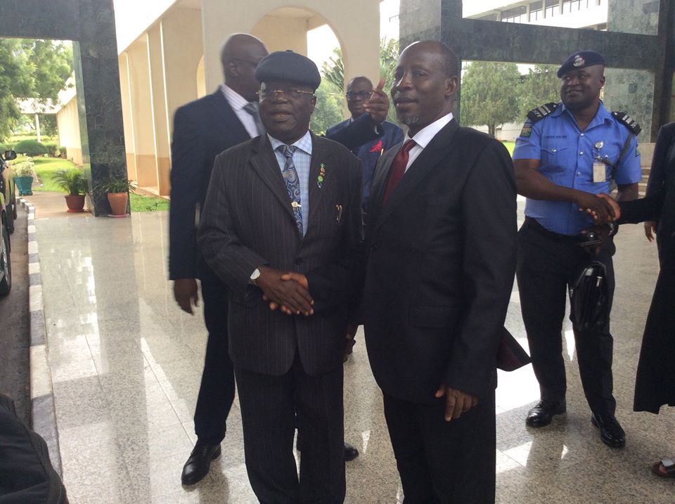 Hon. Justice B. A. Adejumo, OFR Congratulates Hon. Justice A. A. Kafarati after being sworn in as the Substantive Chief Judge of the Federal High Court.
